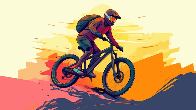 Vector extreme mountain biker montando en bicicleta en un colorido cartel de vector de fondo abstracto