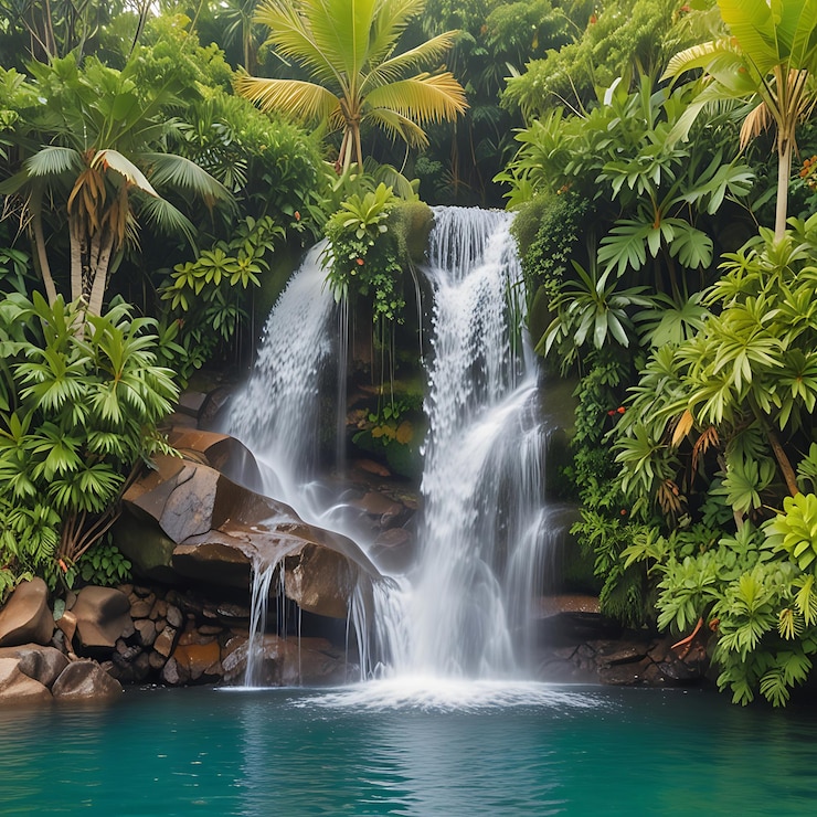 Vector la exuberante cascada tropical cae en cascada en una piscina serena