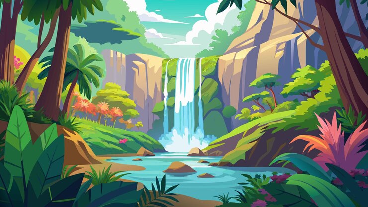 Exuberante escena de cascadas tropicales Vibrante paisaje de selva verde con aguas en cascada