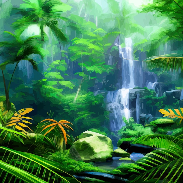 Vector exuberante selva amazónica con cascadas y un paisaje de bosque de fantasía con ríos embravecidos y árboles verdes