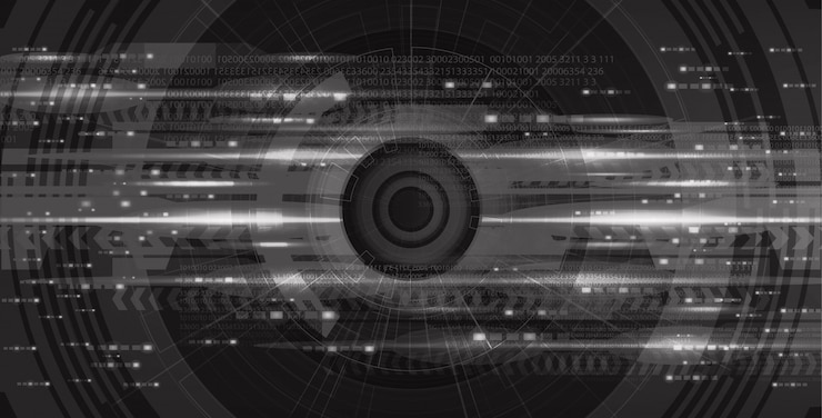 Vector eye camera cyber hi-tech en future black technology background, camera security y robot concept design, illustration.