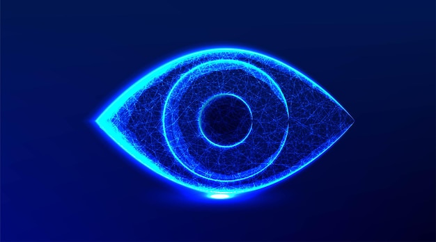 Eye vision salud reloj óptico resumen diseño de malla de estructura alámbrica de baja poli a partir de la ilustración de vector de punto y línea de conexión sobre fondo azul