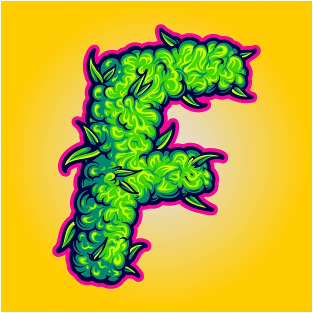 F es para Flower Monogram Letter F con ilustraciones vectoriales de Cannabis Blooms para su logotipo de trabajo