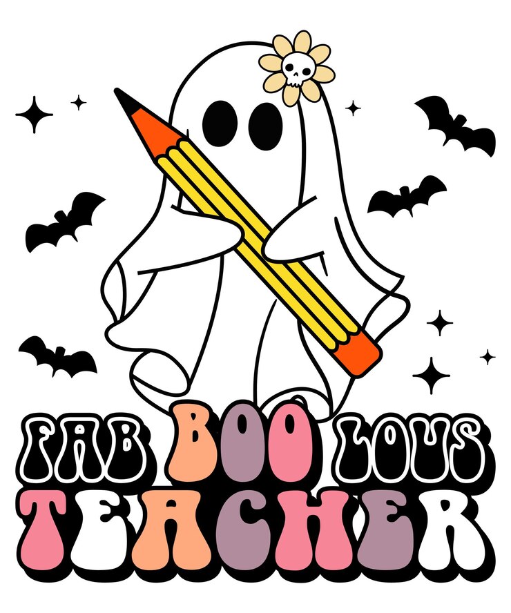 Fab Boo Lous Profesor Fantasma de Halloween Profesor cráneo floral murciélago bruja lápiz vector ilustración arte