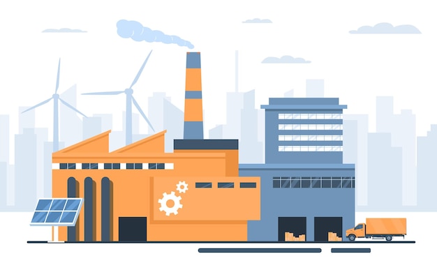 Vector fábrica en el contexto de una ciudad moderna y turbinas eólicas ilustración vectorial
