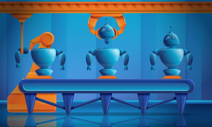 Vector fábrica de dibujos animados produciendo robots transportadores, ilustración