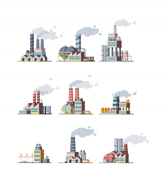 Fábrica de edificios. Construcciones de energía urbana industrial con cuadros de fábrica de tuberías