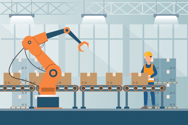 Vector fábrica industrial inteligente en un estilo plano con trabajadores, robots y línea de ensamblaje.