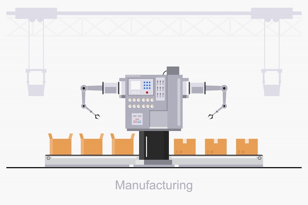 Fábrica industrial inteligente en un estilo plano con trabajadores, robots y líneas de ensamblaje.