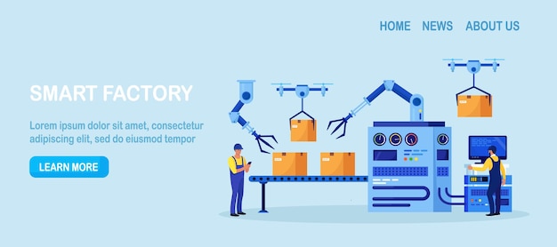 Fábrica inteligente eficiente con trabajadores Líneas de montaje de brazos robóticos Proceso de fabricación Producción industrial Controles del operador Transportador Línea de producción automática con cajas Maquinaria de alta tecnología