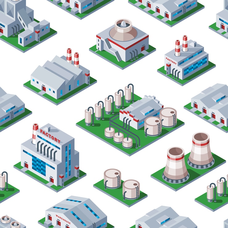 Vector fábrica isométrica edificio de patrones sin fisuras fondo elemento industrial almacén arquitectura casa ilustración