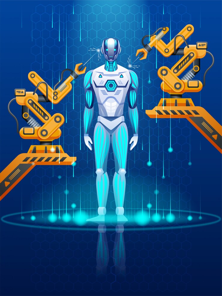 Vector fábrica o laboratorio moderno con herramientas de trabajo automatizadas futuristas. línea de montaje de robots produciendo cyborg en fábrica.