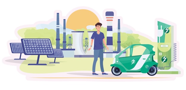 Vector fábrica verde con energías renovables paneles solares coche eléctrico y estación de carga respetuoso con el medio ambiente