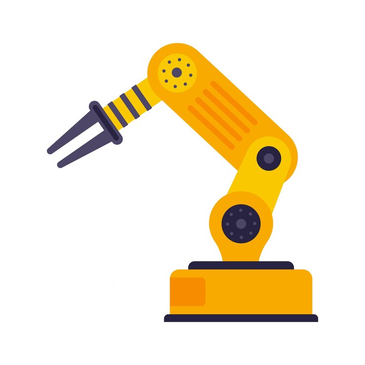Vector fabricación de brazos robóticos industriales tecnología de automatización fábrica de ensamblaje máquina robótica color naranja y gris