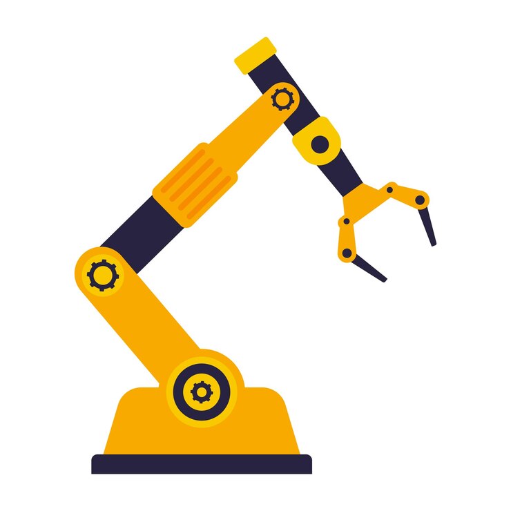 Vector fabricación de brazos robóticos industriales tecnología de automatización fábrica de ensamblaje máquina robótica color naranja y gris