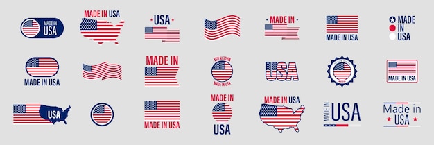 Fabricado en insignias de Estados Unidos. Colección de emblemas de productos estadounidenses. Vector