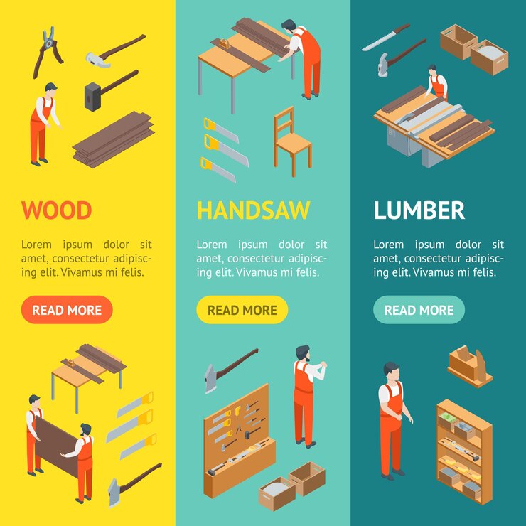 Vector fabricantes de muebles en el trabajo y interiores banner conjunto vectorial vista isométrica carpintero o obrero profesión ilustración vectorial de artesanos