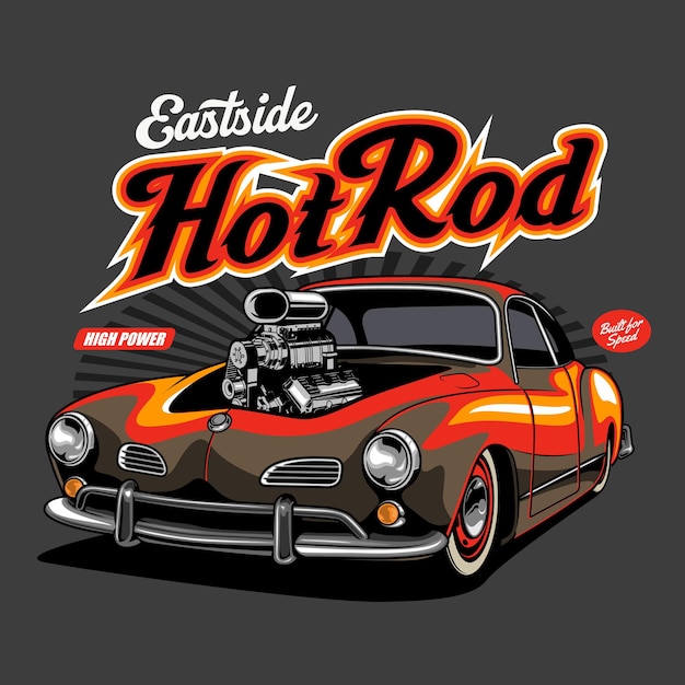 fabuloso coche hotrod flameante con máquina desnuda