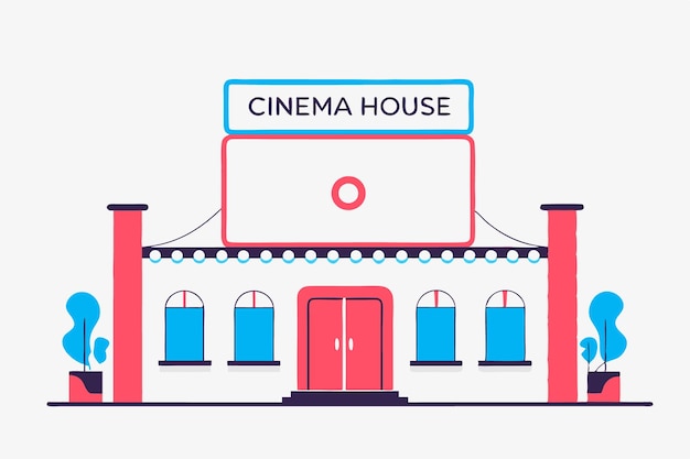 Facada del edificio del cine Exterior de la casa de cine Ilustración artística sobre fondo blanco