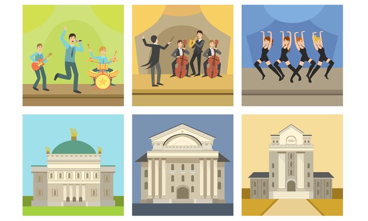 Vector facada del edificio de la ópera o el teatro conjunto de cantantes y músicos actuando en el escenario ilustración vectorial