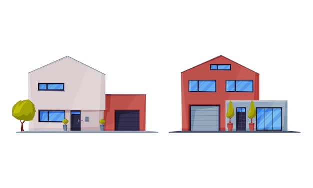 Facada y exterior de una casa o cabaña independiente como conjunto vectorial de propiedades residenciales suburbanas