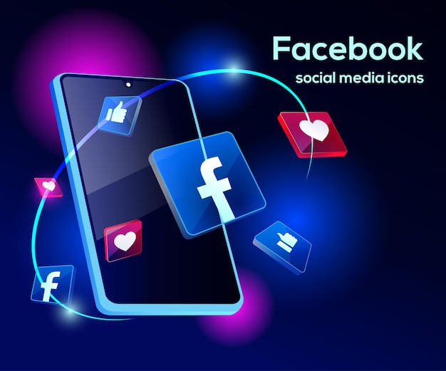 Facebook ¡ilustración 3d con sofisticados teléfonos inteligentes e íconos