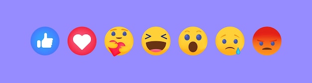 Facebook smile Vector Emoji Set con diferentes reacciones para la red social aislado sobre fondo blanco Colección de emoticonos modernos en diseño de estilo plano Editorial