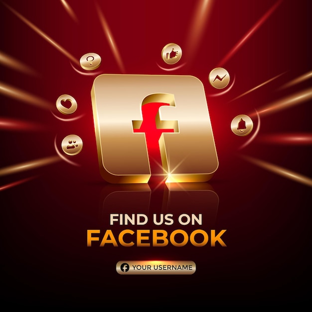 Facebook square banner 3d gold icon para promoción de página de negocios y publicación en redes sociales