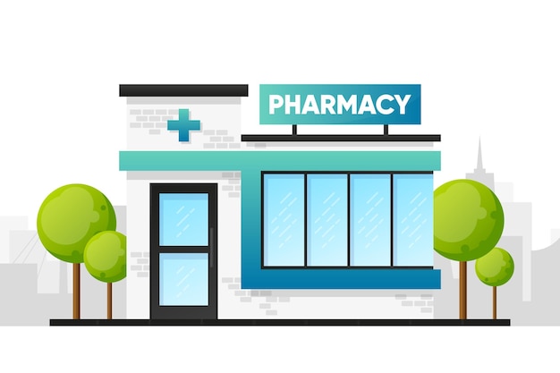 Fachada de aterrizaje de la tienda de farmacia edificio de medicina de propiedad comercial ilustración vectorial