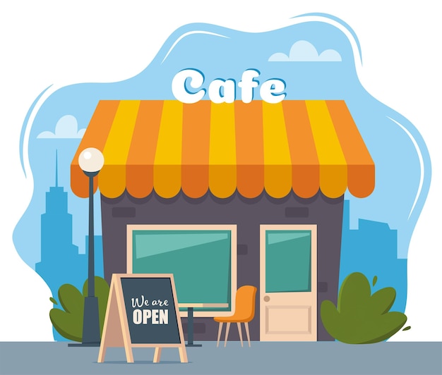 Fachada de café callejero con pizarra e inscripción Estamos abiertos café al aire libre de verano