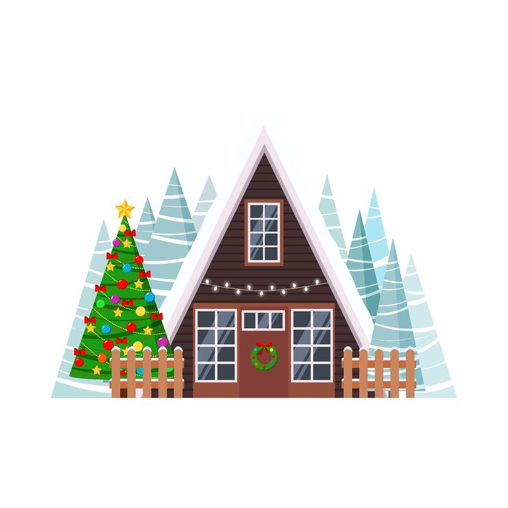 Vector fachada de la casa de navidad con abetos aislados en fondo blanco una casa de madera de marco con luces de guirnalda de valla y árbol de navidad de corona en estilo plano de dibujos animados vector ilustración de casa de navidad