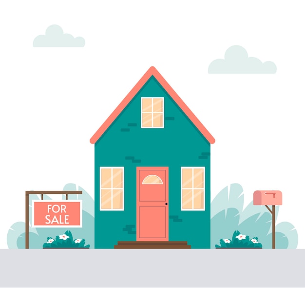 Fachada de una casa con plantas y un buzón Concepto de bienes raíces Ilustración vectorial