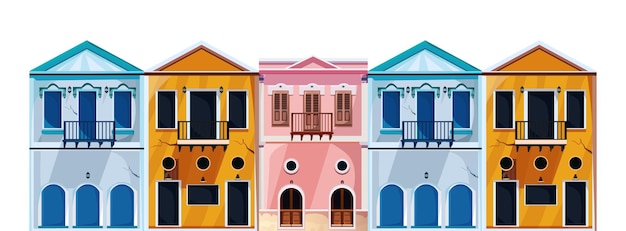 Fachada de casa con puertas y ventanas, ilustración vectorial de dibujos animados.