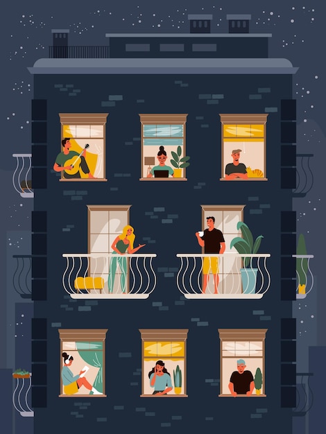 Vector fachada de la casa con vecinos en las ventanas charlando y haciendo diferentes actividades con el cielo nocturno estrellado en la ilustración plana de fondo