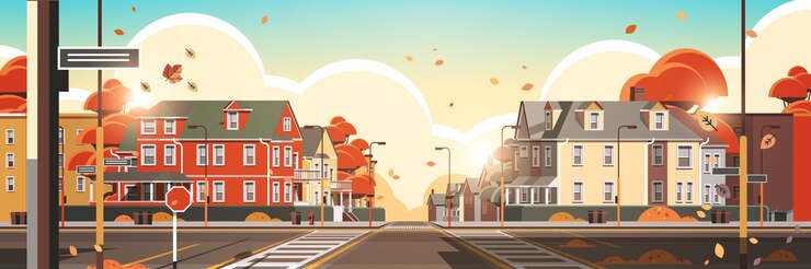 Vector fachada de la ciudad edificios vacíos sin gente calle urbana exterior de casas inmobiliarias