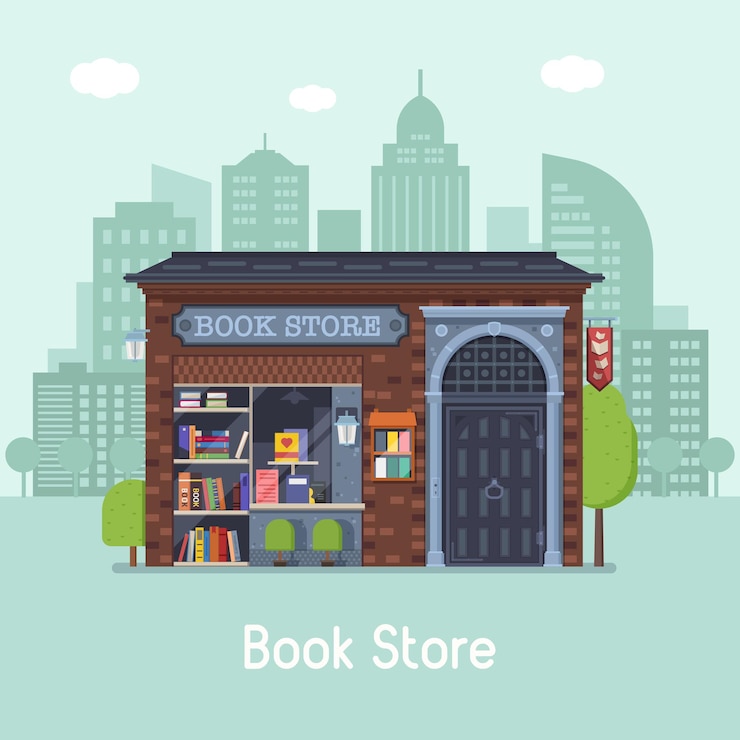 Vector fachada del edificio de la librería pública vieja en el fondo de la ciudad moderna. banner de librería auténtico para sitio web e internet. ilustración de vector de concepto de librería anticuario de europa clásica.