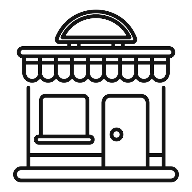 fachada de una pequeña tienda con toldo e ilustración de la puerta