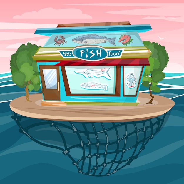 Fachada de la tienda de pescado dibujos animados mar comida edificio vector