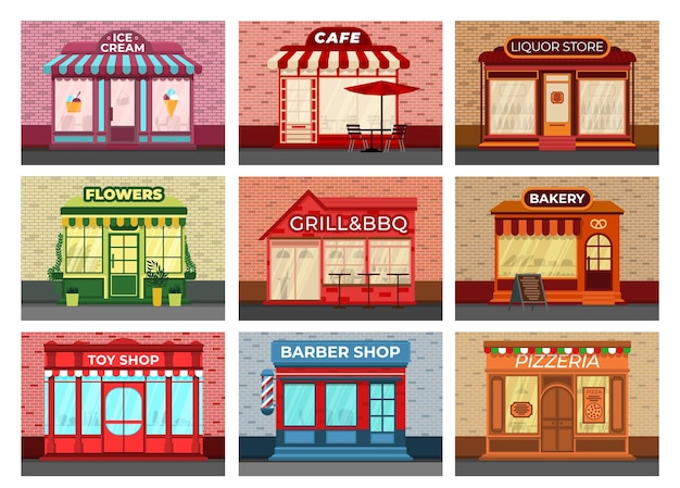 Fachadas de tiendas retro Diferentes tiendas escaparate local en pared de ladrillo Tienda de la ciudad panadería supermercado y barbería minorista Edificio comercial reciente conjunto de vectores