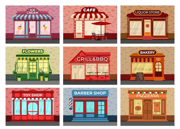 Vector fachadas de tiendas retro diferentes tiendas escaparate local en pared de ladrillo tienda de la ciudad panadería supermercado y barbería minorista edificio comercial reciente conjunto de vectores