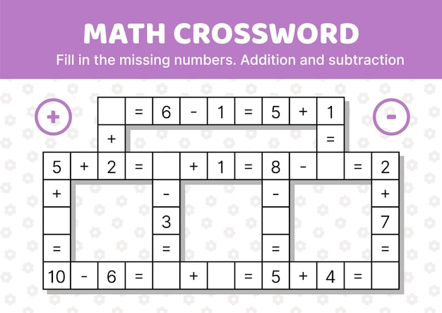 Fácil juego de crucigrama matemático Adición y resta Rellene los números y signos que faltan Vector