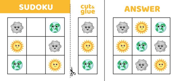 Fácil sudoku con Tierra Sol Luna Juego de rompecabezas para niños pequeños Cortar y pegar dibujos animados
