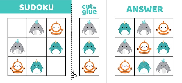 Fácil sudoku con tres animales marinos y peces Squishmallow Juego de rompecabezas para niños pequeños Cortar y pegar