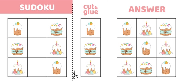 Fácil sudoku con tres pasteles de Pascua Juego de rompecabezas para niños pequeños Cortar y pegar dibujos animados