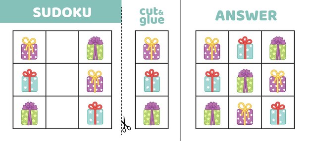 Fácil sudoku con tres regalos Juego de rompecabezas para niños pequeños Cortar y pegar dibujos animados