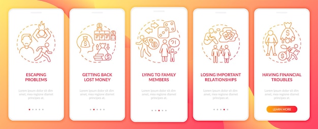 Factores de juego compulsivo pantalla de aplicación móvil de incorporación de degradado rojo recorrido de 5 pasos páginas de instrucciones gráficas con conceptos lineales ui ux plantilla de gui myriad probold fuentes regulares utilizadas