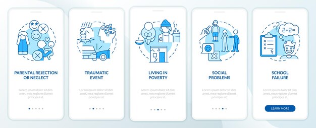 Factores de riesgo de trastorno de conducta pantalla de la aplicación móvil de incorporación azul Recorrido de 5 pasos páginas de instrucciones gráficas con conceptos lineales UI UX Plantilla de GUI Myriad ProBold Fuentes regulares utilizadas