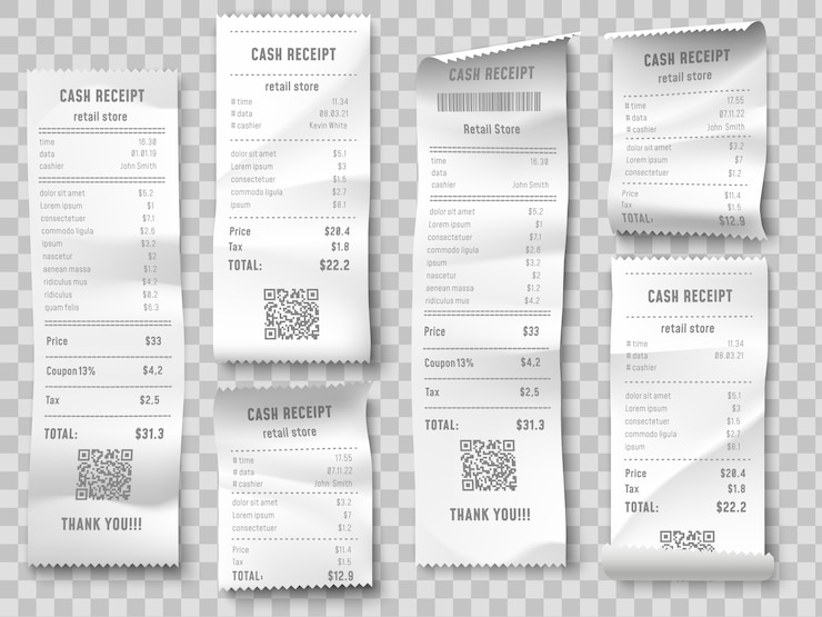 Vector factura de compra minorista, recibo de compras de supermercado, verificación de factura total y conjunto aislado de papel de venta de costo total de la tienda