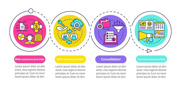 Facturación, plantilla infográfica vectorial de la empresa bancaria. Elementos de diseño de presentación de negocios. Visualización de datos con cuatro pasos y opciones. Gráfico de línea de tiempo del proceso. Diseño de flujo de trabajo con iconos lineales