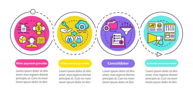 Facturación, plantilla infográfica vectorial de la empresa bancaria. elementos de diseño de presentación de negocios. visualización de datos con cuatro pasos y opciones. gráfico de línea de tiempo del proceso. diseño de flujo de trabajo con iconos lineales